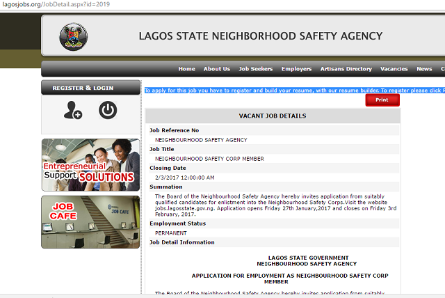 Lagos State Neighbourhood Safety Corps Recruitment 2017 Is Ongoing | Deadline Is Feb 3rd